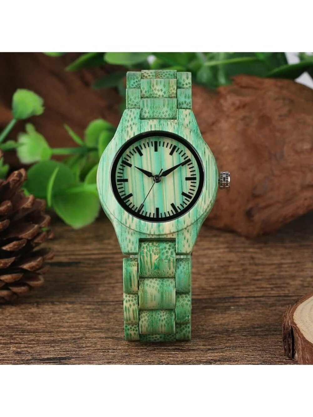 Women's Green Analog Quartz Couples Colorful Bamboo Classic Design Wooden Watch - Picture 3 of 6